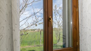 Une fenêtre avec un cadre en bois et une poignée en laiton, donnant sur un vignoble et des arbres.