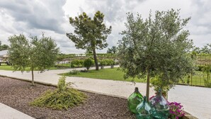 Een aangelegde omgeving met bomen, grindpaden en groene flessen.