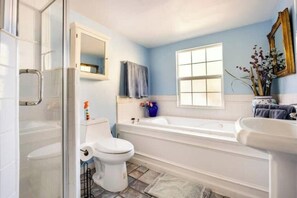Hair dryer, towels, soap, toilet paper