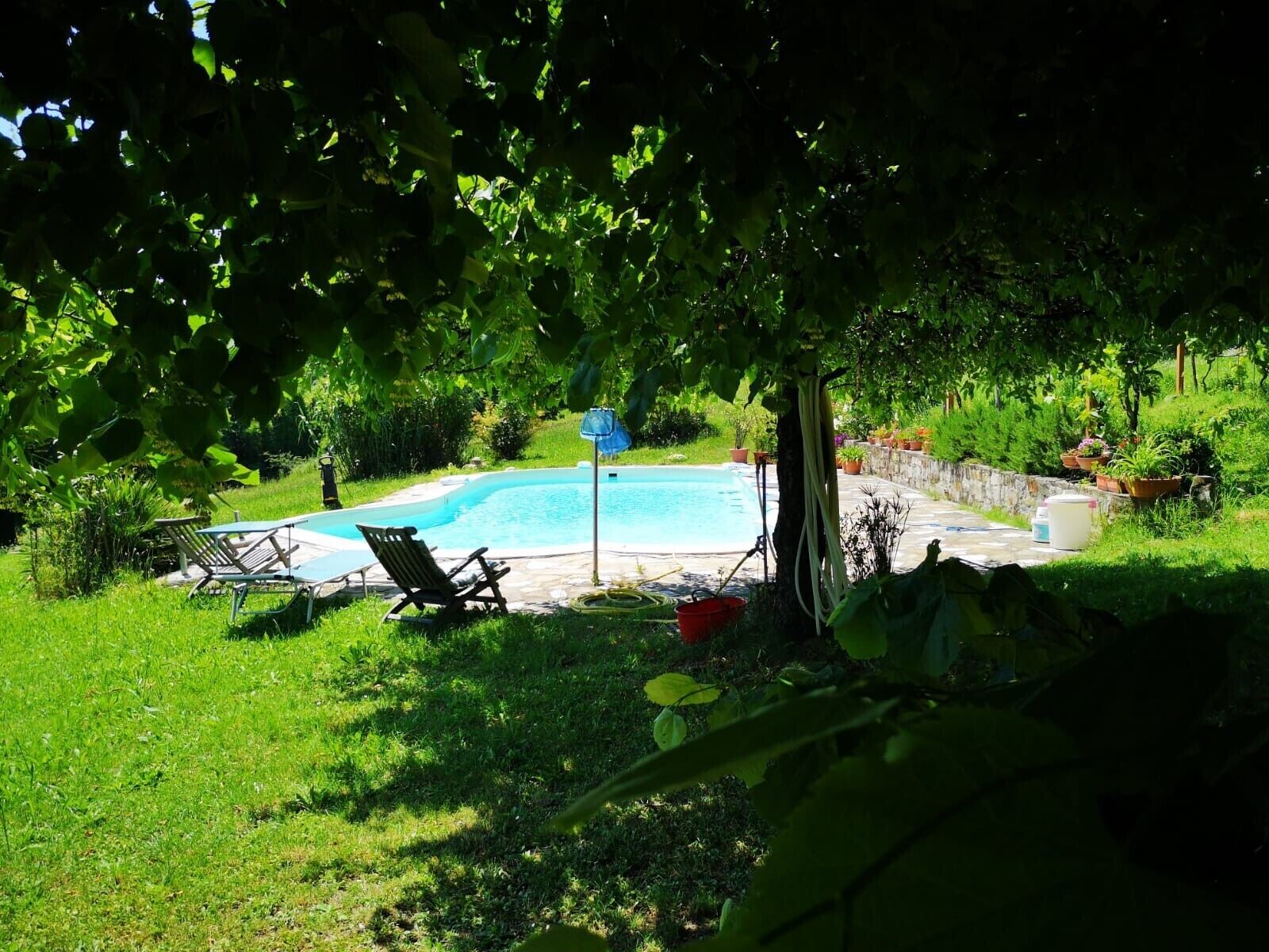 Una piscina con sillas de descanso, rodeada de follaje y un muro de piedra.