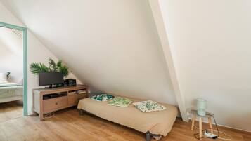 A bedroom with a bed, a bedside table with a lamp, a TV, and a plant.