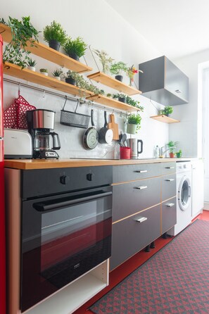 Une cuisine moderne dotée d’appareils électroménagers intégrés, d’étagères en bois ornées de plantes et d’un sol à motifs rouges.