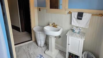 A bathroom with a pedestal sink, vanity, and a mirror. There is a trash can and a small trash bin.