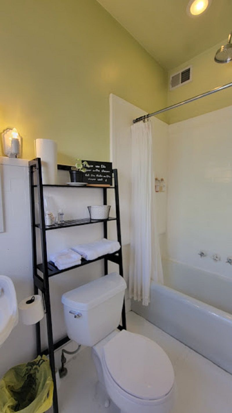 A bathroom with a toilet, a sink, a shower curtain, and a shelf with toiletries.