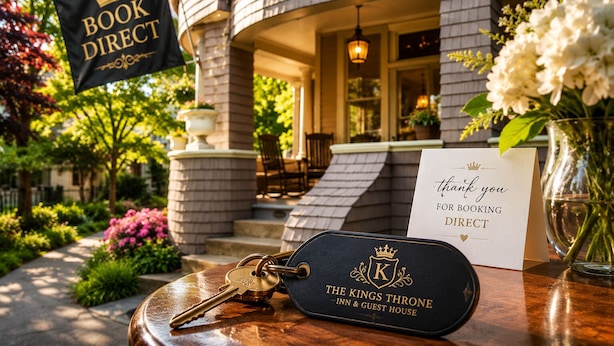 A 'BOOK DIRECT' sign, a thank you note for booking direct, keys, and a 'THE KINGS THRONE INN & GUEST HOUSE' sign. - The Kings Throne Inn and Guest House (Toledo)