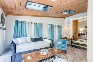 TV, fireplace, table football, books