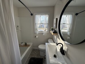 Hair dryer, towels, soap, toilet paper