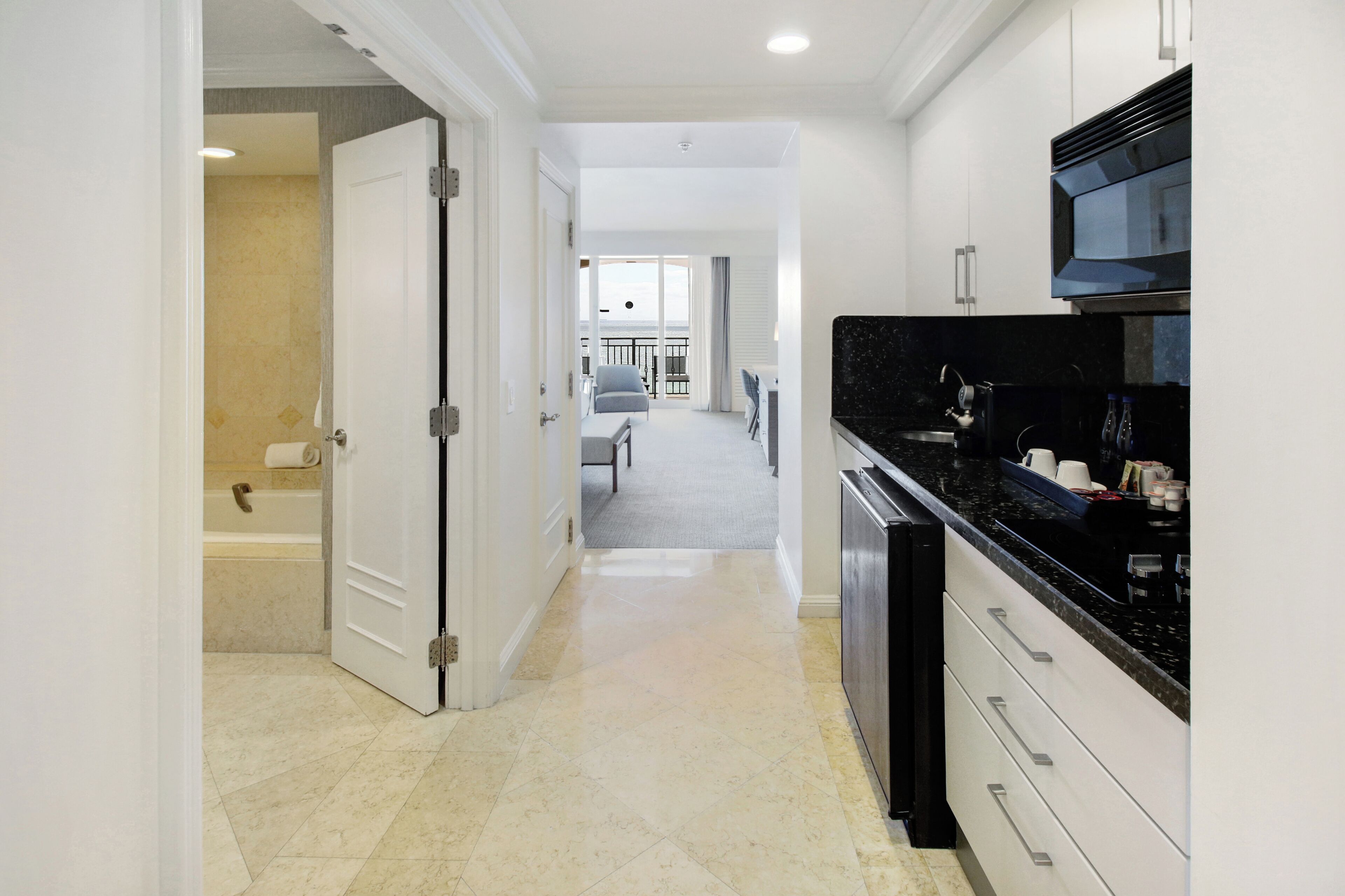 Fridge, microwave, stovetop, coffee/tea maker