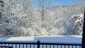 Ein mit Schnee bedeckter Deck mit Tisch und Stühlen mit Blick auf eine verschneite Landschaft mit Bäumen.