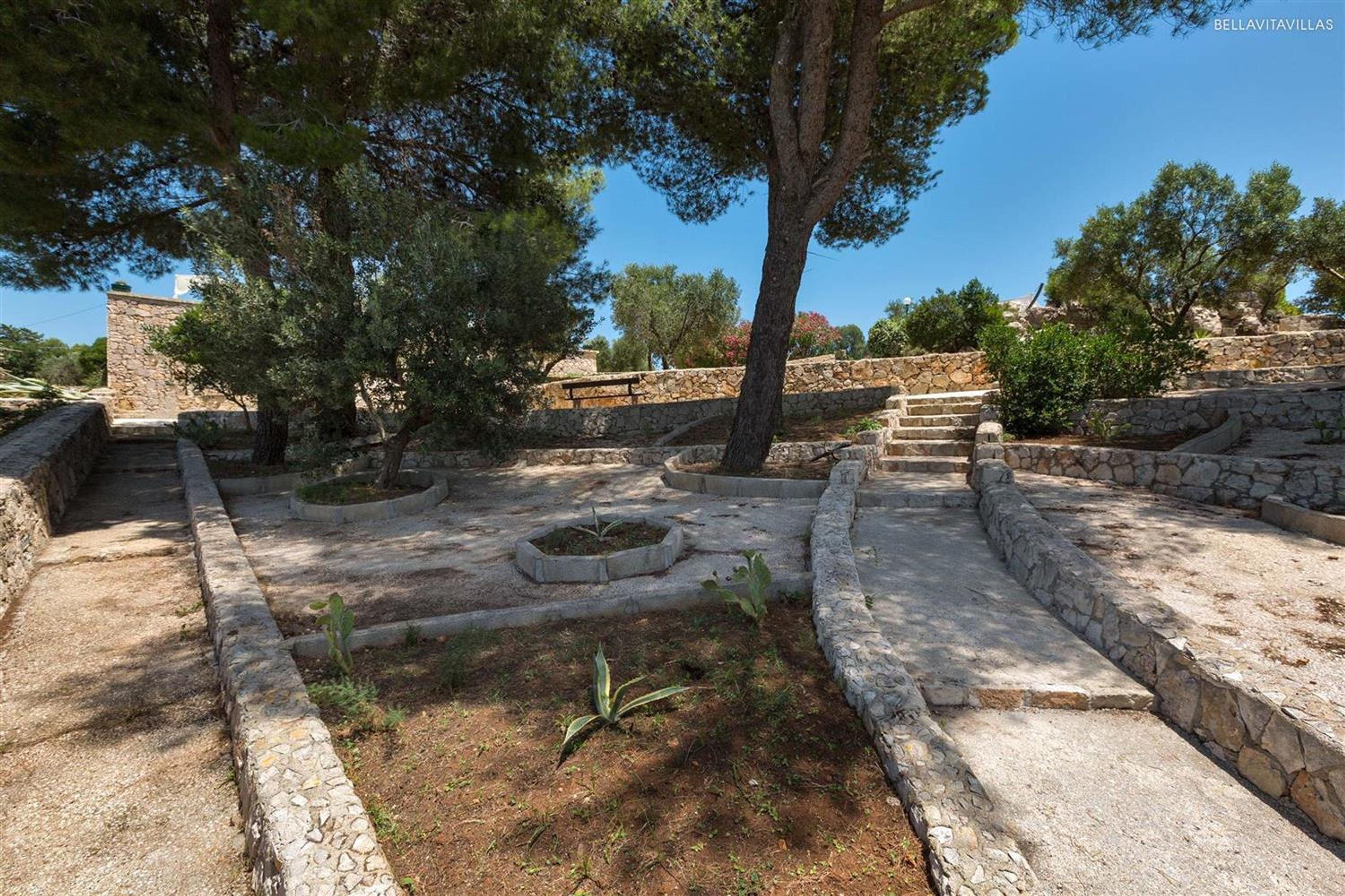 A stone pathway leading to a stone wall with steps.