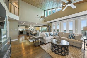 Smart TV, fireplace, video games, music library