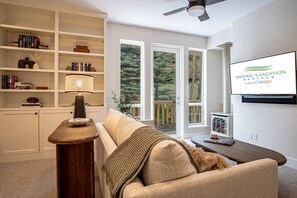 Smart TV, fireplace, DVD player, books