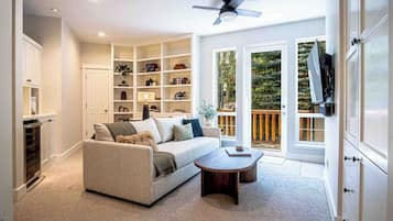 Smart TV, fireplace, DVD player, books