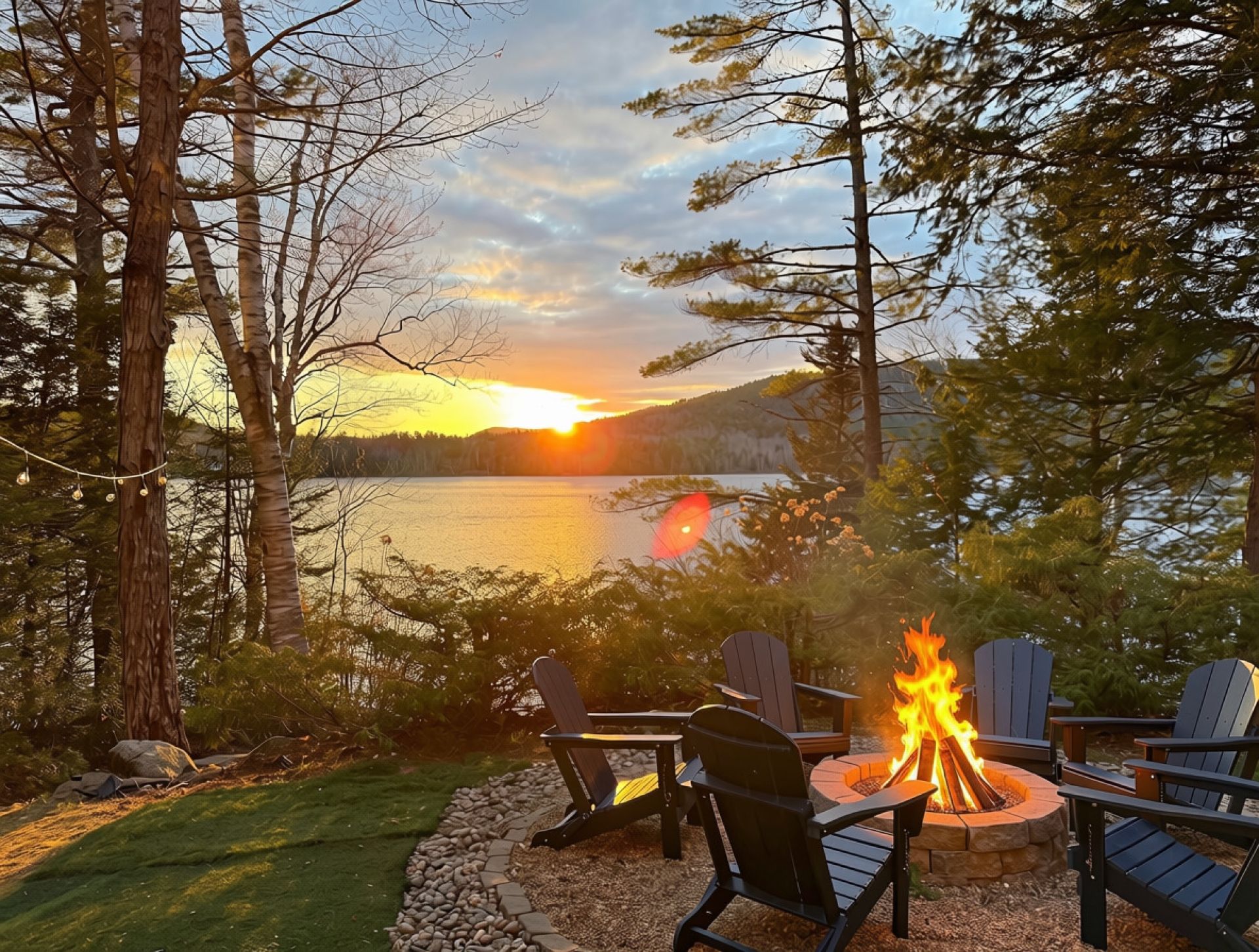 Un espace extérieur aménagé au bord du lac, avec des chaises et un foyer.