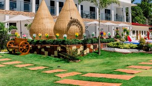A hotel courtyard with a decorative cart, wicker cones, and a palm tree. - Sonrisa Resort de Playa by Hiverooms (San Remigio)