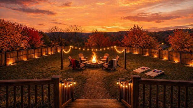 A backyard with a fire pit, chairs, and a deck. - Epic Views • One Level • Hot Tub • Huge Fenced Yard • Pet Friendly • Easy Roads (Sevierville)