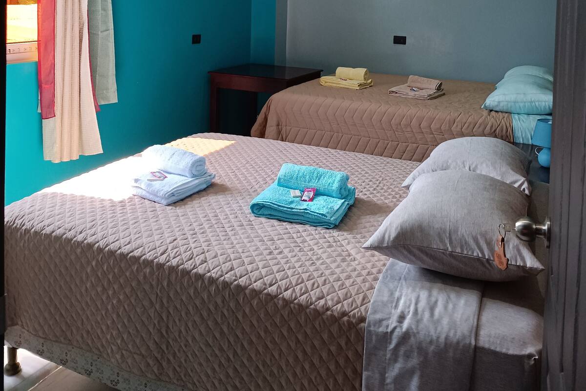 Une chambre avec deux lits, un ventilateur de plafond et un téléviseur fixé au mur.