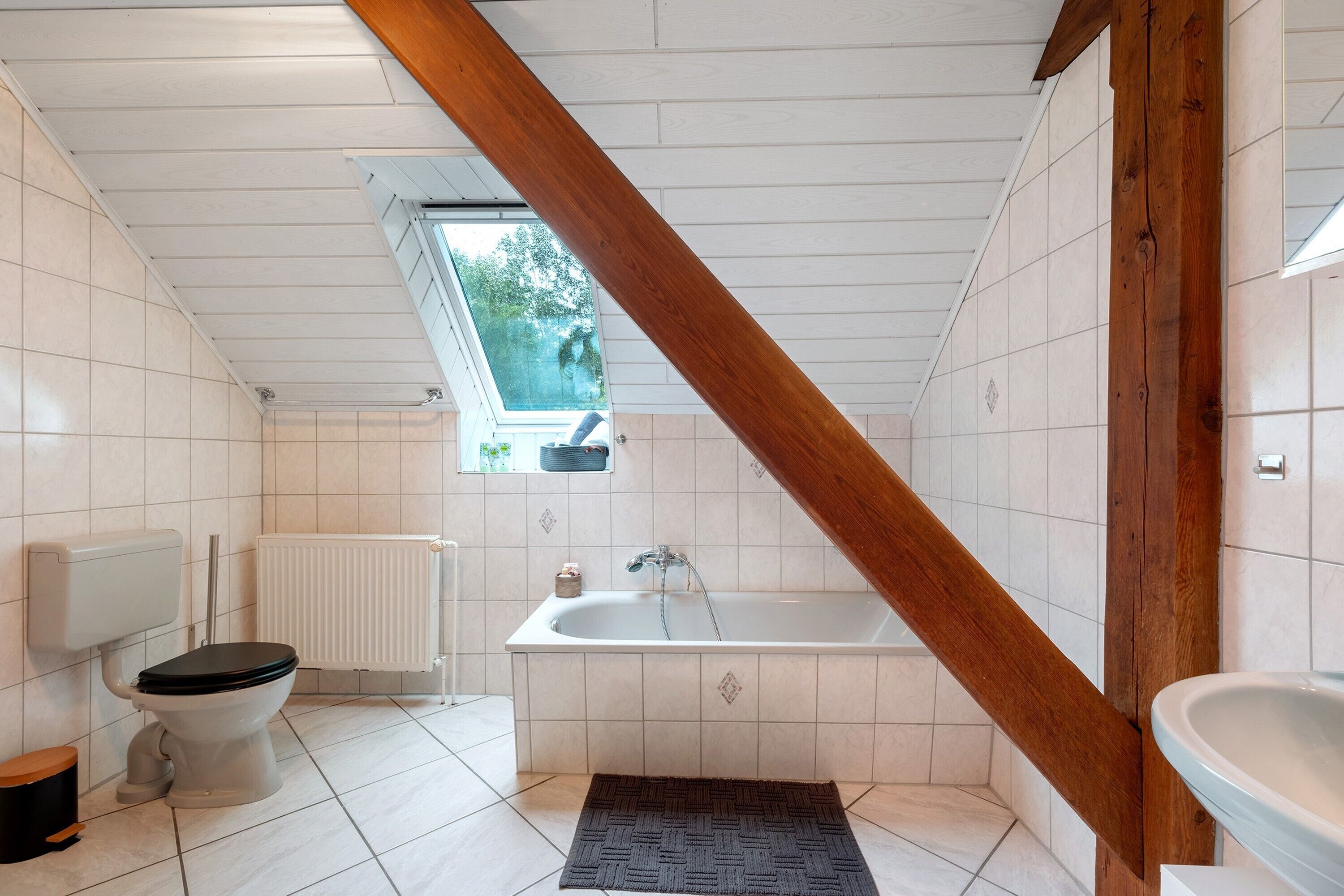 A bathroom with a toilet, bathtub, and skylight.