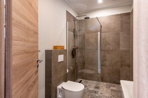 Chuveiro, secador de cabelo, toalhas de banho 