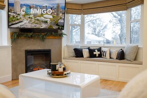 Smart TV, fireplace, books, music library