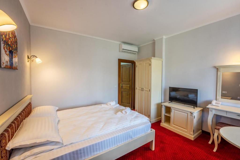 Una habitación de hotel con cama, televisor, escritorio y armario.