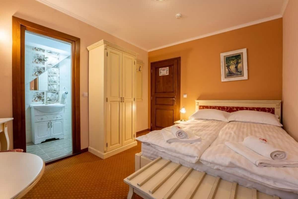 Una habitación de hotel con una cama, una mesita de noche, un armario y un baño visible a través de una puerta de cristal.