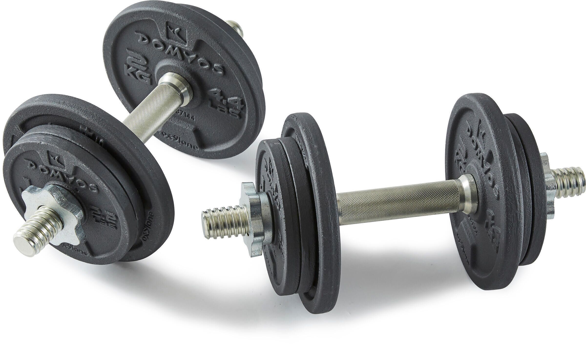 A pair of adjustable dumbbells with a textured grip and a metal bar for weight adjustment.