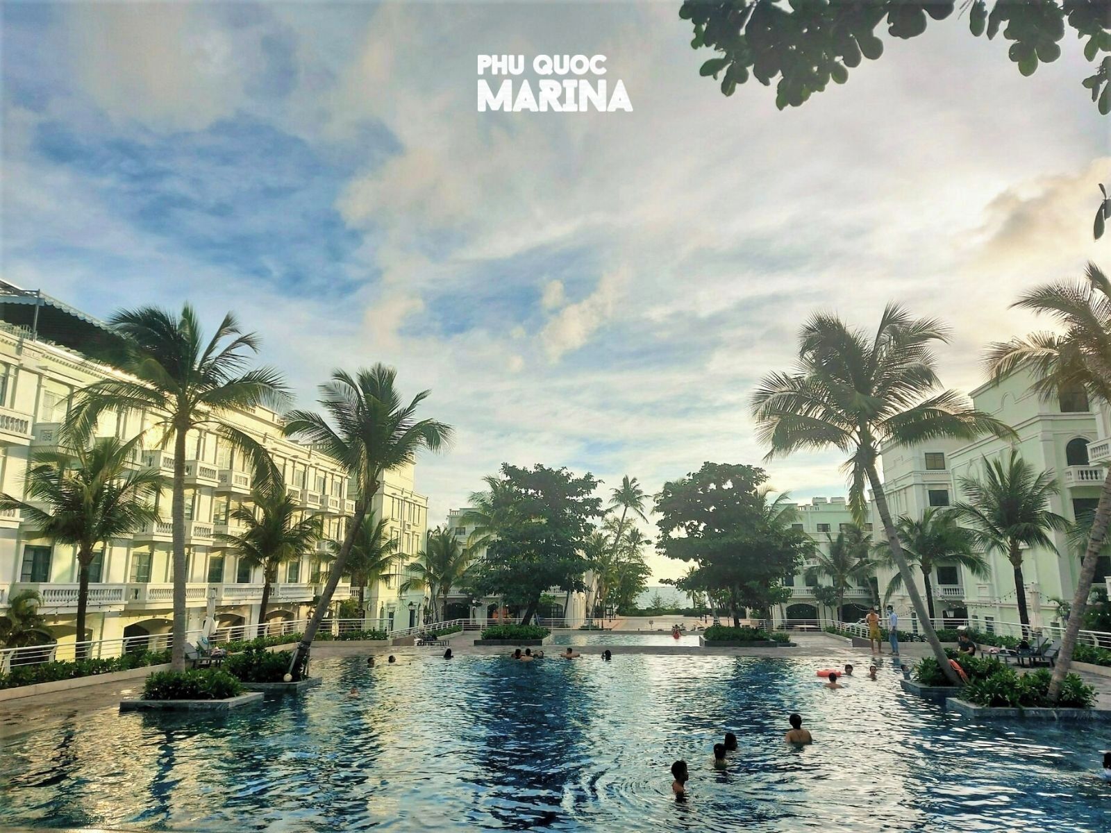 A swimming pool surrounded by palm trees and buildings.