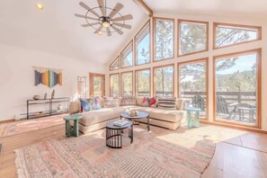 TV, fireplace, books, offices