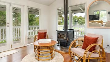 Smart TV, fireplace, books