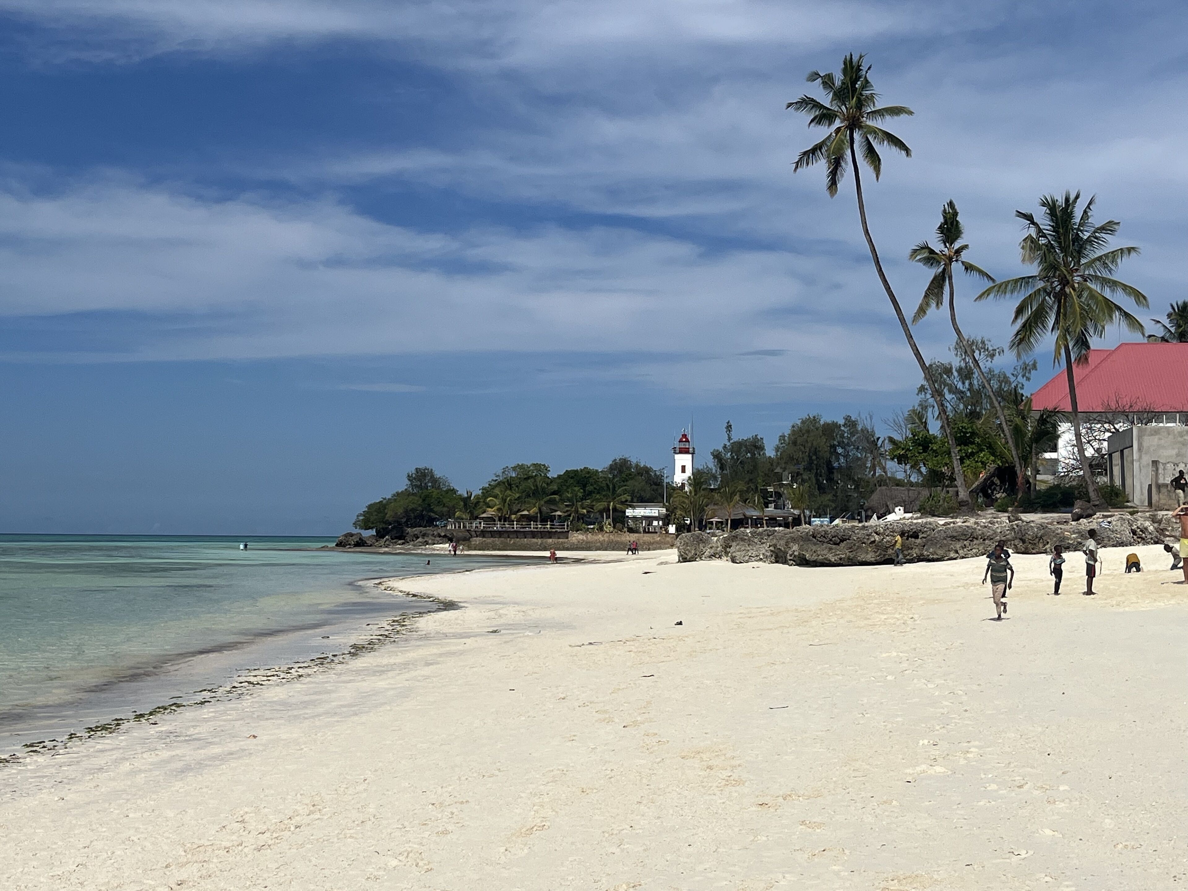Ein Strand mit einem Leuchtturm, Palmen und einem Gebäude mit rotem Dach.