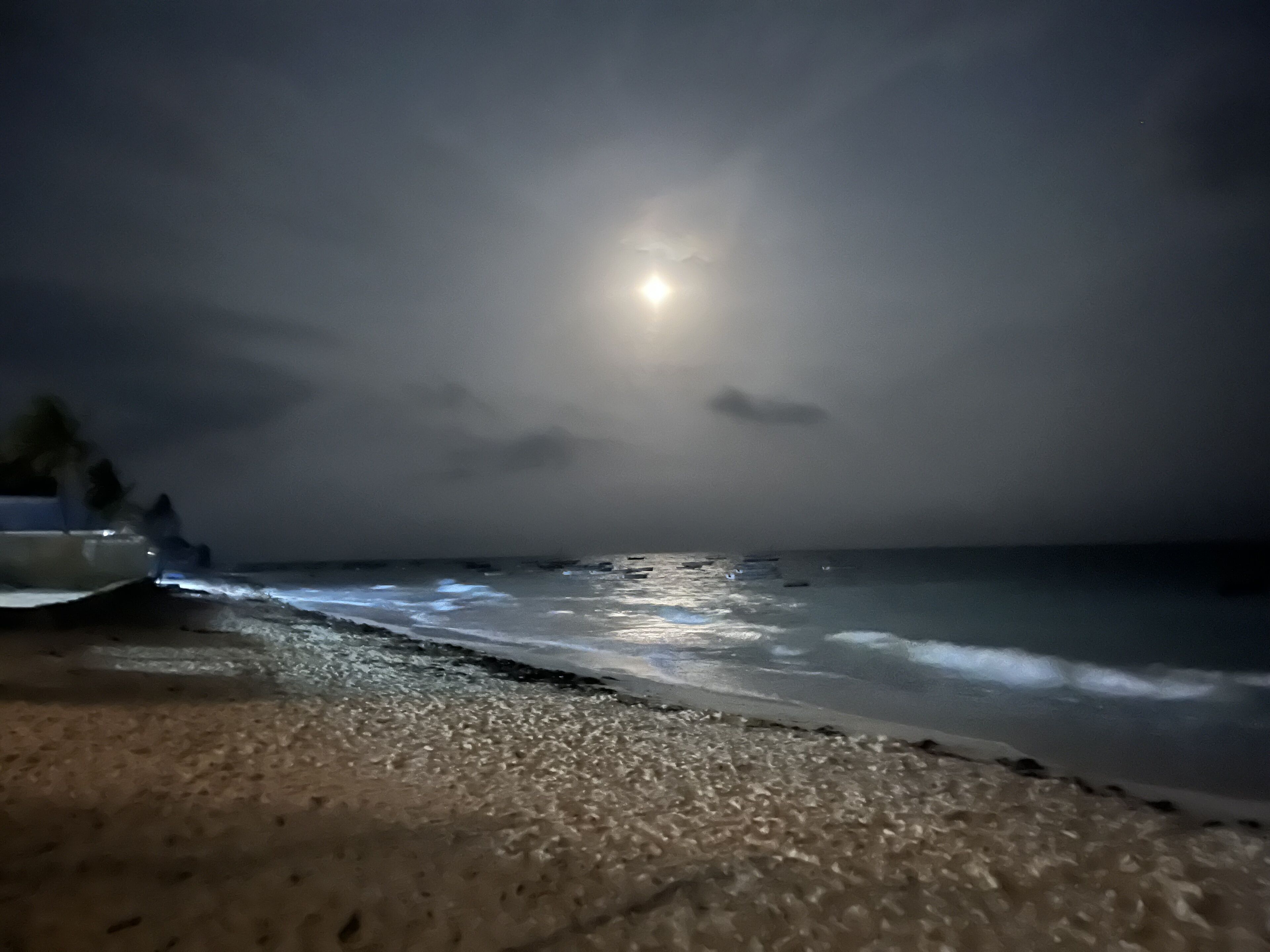 A beach scene with a moonlit sky, waves, and a boat on the left.