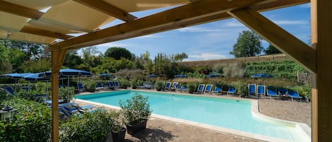 Piscina stagionale all'aperto, ombrelloni da piscina, lettini