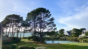 Un jardín cuidado con un estanque, rodeado de árboles y un cielo despejado.