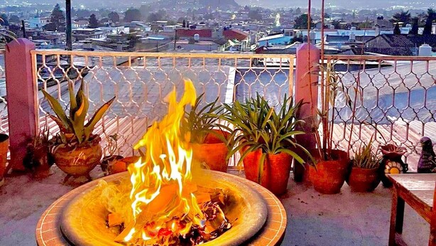 Una chimenea con plantas en un balcón con vistas a un paisaje urbano y montañas al fondo.