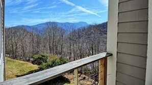 Een balkon met uitzicht op een bebost berglandschap.
