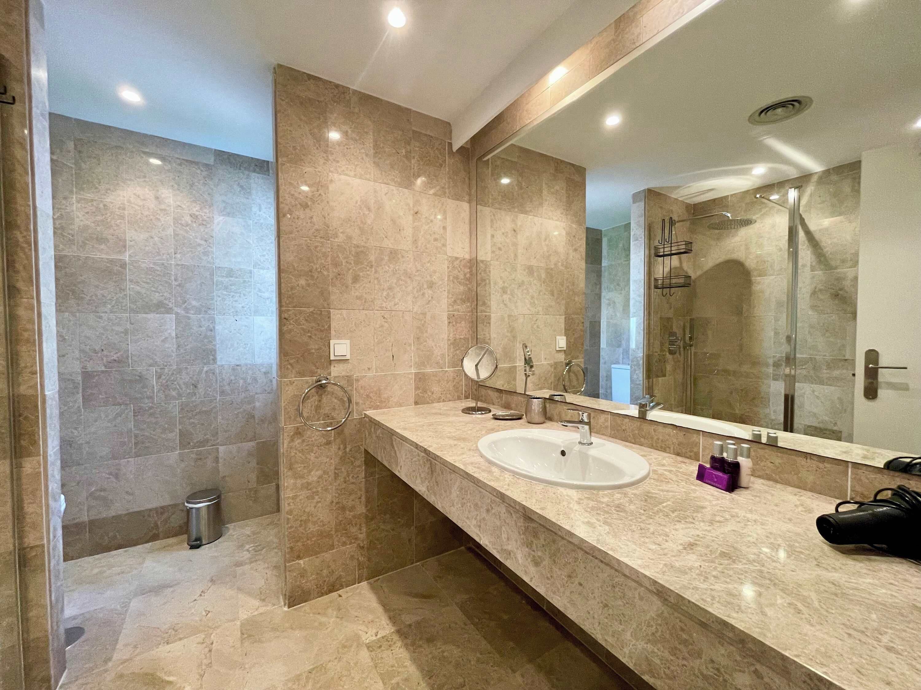 Shower, hair dryer, towels