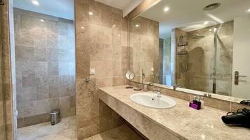 Shower, hair dryer, towels
