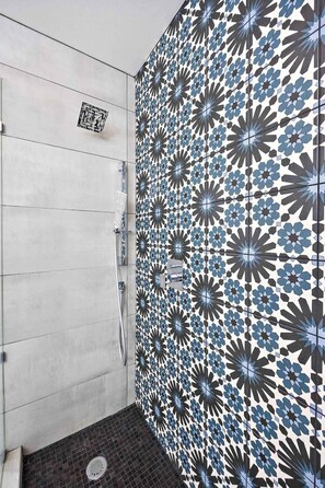 Chuveiro, secador de cabelo, toalhas de banho, shampoo