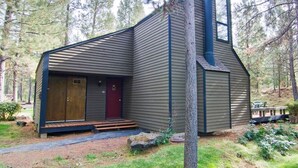 Una cabana moderna amb una porta d'entrada gran, un petit porxo i una xemenea.