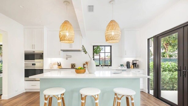 A modern kitchen with white cabinetry, a central island with stools, and large windows offering a view of greenery.