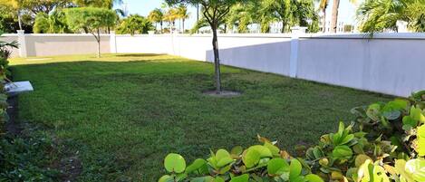 A well-maintained grassy area with a small tree and dense foliage in the foreground.