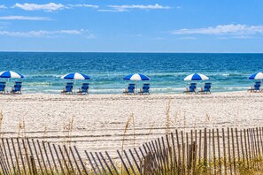 A beach with rows of blue and white beach umbrellas and chairs facing the ocean.
