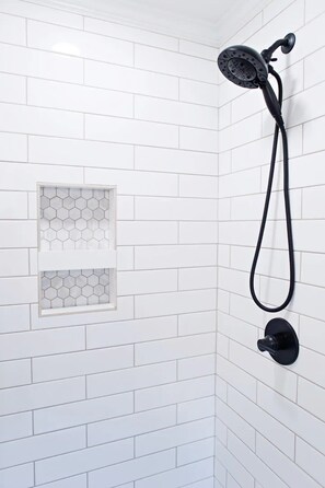 Hair dryer, towels, soap, shampoo