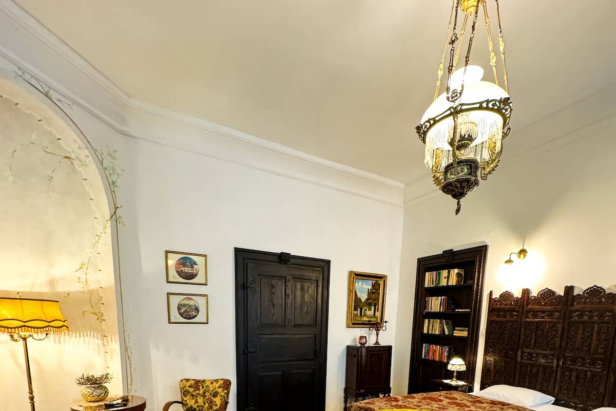 A room with a green sofa, a patterned rug, a wooden chair, a bookshelf, and a chandelier.