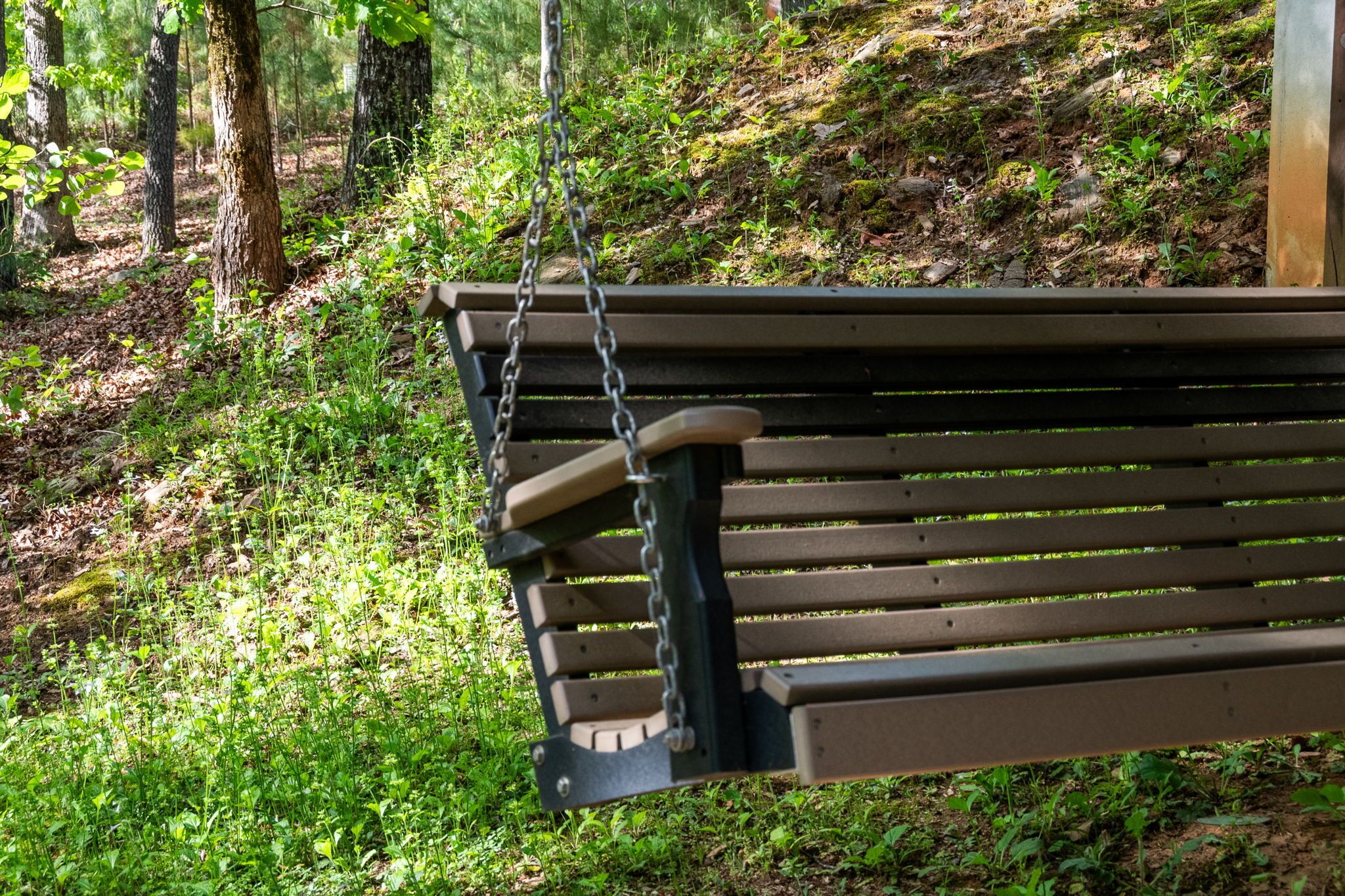 Un banc en bois, muni de chaînes métalliques, installé dans une zone boisée, entouré de feuillage verdoyant et sur un terrain en pente.
