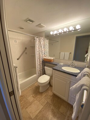 Bathroom features a shower, toilet, and sink with a mirror above.