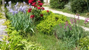 A garden with various flowers, a pathway, and a building in the background. - Appartment in charming old country house (Vence)