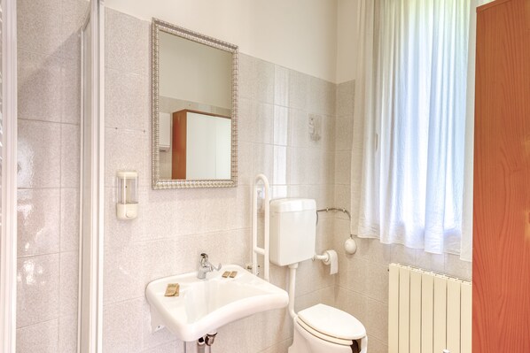 A bathroom with a sink, toilet, and mirror.
