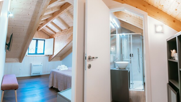Une chambre moderne et compacte, dotée d’un plafond en pente, d’un petit coin salon et d’une salle de bain avec une paroi en verre.